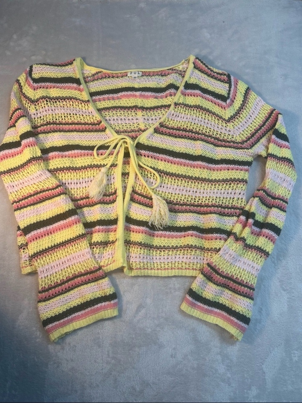 POL Striped Open-Knit Tie-Front Cardigan in Yellow, Pink, Black
